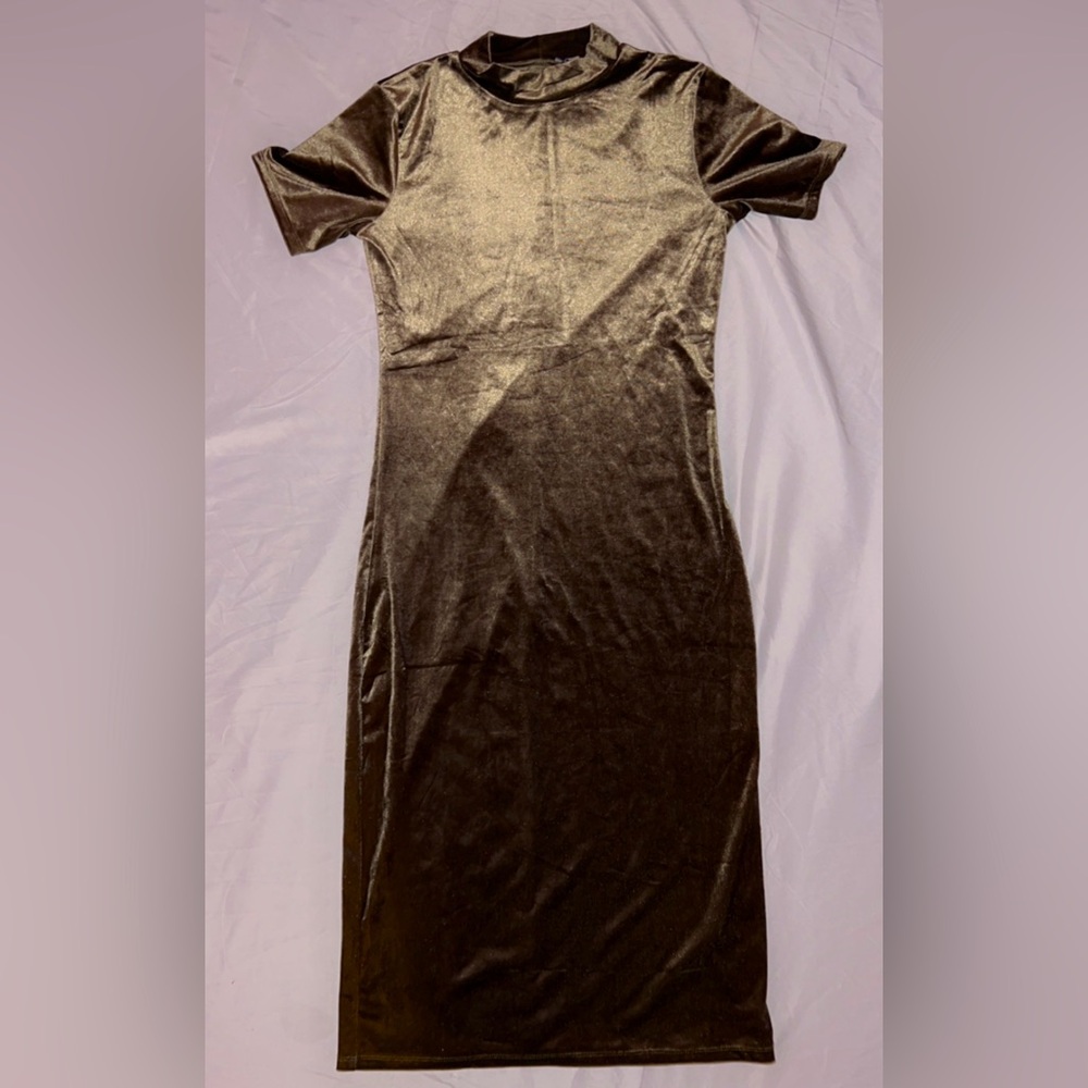 Zara Trafaluc Olive Green Velvet Bodycon Dress Short Sleeve Large Turtle Neck